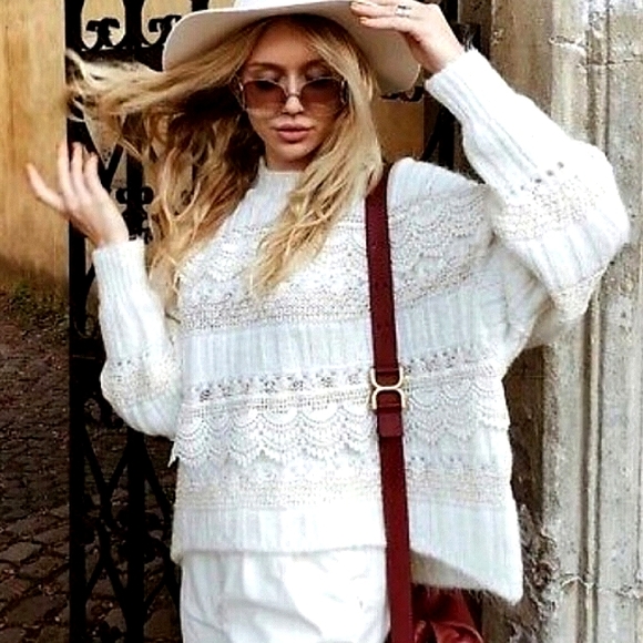 Zara Sweaters - Zara Cream Oversized Crochet Lace Sweater Medium